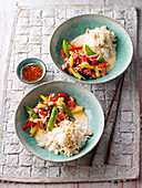 Oriental braised vegetables with peanut rice