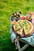 Herb quiche, polpette on skewers and antipasti pasta salad