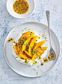 Meringue with mango and passion fruit