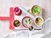 Vegetarian spreads made of peas, mushrooms, herbs, curd cheese and beetroot