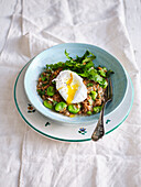 Spelt risotto with broad beans, dandelion and poached egg