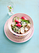 Jacket potato and cucumber salad with dill and caramelised radishes