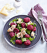 Beetroot gnocchi with turkey meat