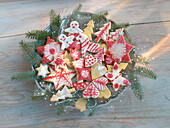 Red and white decorated shortbread biscuits for Christmas