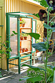 Green greenhouse cabinet against yellow wooden façade in garden