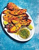 Sweet potato 'steaks' with chilli-lime and coriander dressing for vegans