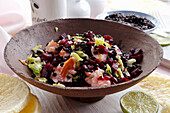 Black lentils with roasted beetroot and roasted salmon