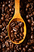 A wooden spoon holding a few coffee beans