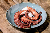 Cooked tentacles of octopus on blue ceramic plate