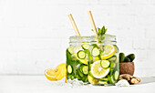 Summer detox and refreshing drinks with cucumber, lemon, mint and ginger
