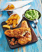 Fish and chips with pea tahini