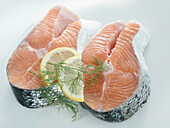 Two slices of filets of salmon with lemon and dill