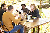 Business people meeting and eating lunch at table in park