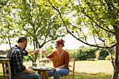 Happy couple toasting water glasses at table in garden