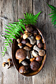 Fresh mushrooms in a wooden bowl next to fern leaves