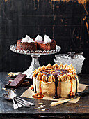 Vegan cakes: Chocolate cake with whipped 'cream' and peanutnut cake with chocolate sauce