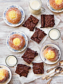 Vegan baking: vanilla buns, chocolate brownies, almond milk