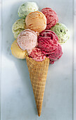 Ice cream cone with ten scoops of ice cream