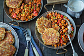 Chickpea goulash with potato fritters (vegan)