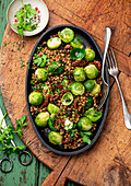 Fried Brussels sprouts with lentils