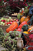 Thanksgiving with pumpkins, apples and wreath of hydrangea flowers