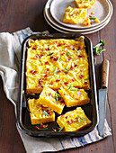 Pumpkin tray cake with bacon and cheese
