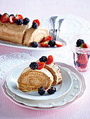 Meringue roll with coffee cream and forrest berries