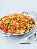 Chicken and prawn paella