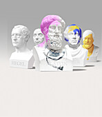 Busts of philosophers vandalised with paint, illustration