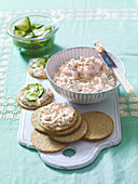 Bowl of smoked salmon pate with oatcakes