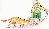 Girl teasing a cat with a toy mouse, illustration
