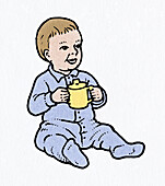 Baby sitting and holding a baby bottle, illustration