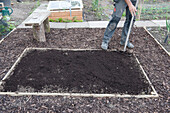 Man raking soil in raised bed on allotment