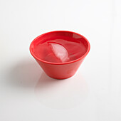 Red bowl containing water and ice cube