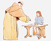 Monk teaching boy to read from book, illustration