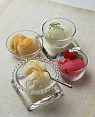 Lime, raspberry, pear and ginger, and apricot sorbets