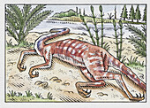 Struthiomimus dinosaur dead on a riverbank, illustration