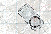 Basic orienteering compass on map, illustration