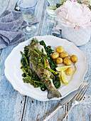 Sauteed trout on wilted spinach with boiled baby potatoes