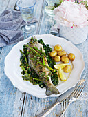 Sauteed trout on wilted spinach with boiled baby potatoes