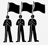 Three figures holding flags, illustration