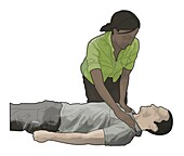 Woman shaking shoulders of unconscious man, illustration