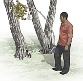 Man standing near improvised shower hung from tree, illustration