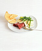 Asparagus, remoulade, smoked meat and flat bread