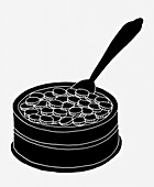 Tin of caviar containing coins, illustration