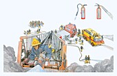 Fireman putting out fire using large hose, illustration