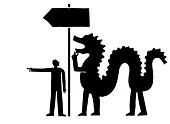 Man pointing a way to a dragon, illustration