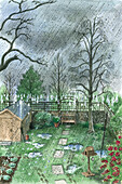 Garden during heavy rain, illustration