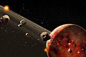 Ringed exoplanet and its moon, illustration
