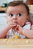 Head and shoulders of a baby girl eating a boiled potato